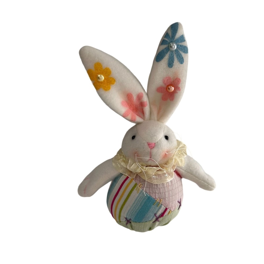 Handmade Plush Bunny Toy With Patchwork Body & Floral Embellished‎ Ears felt